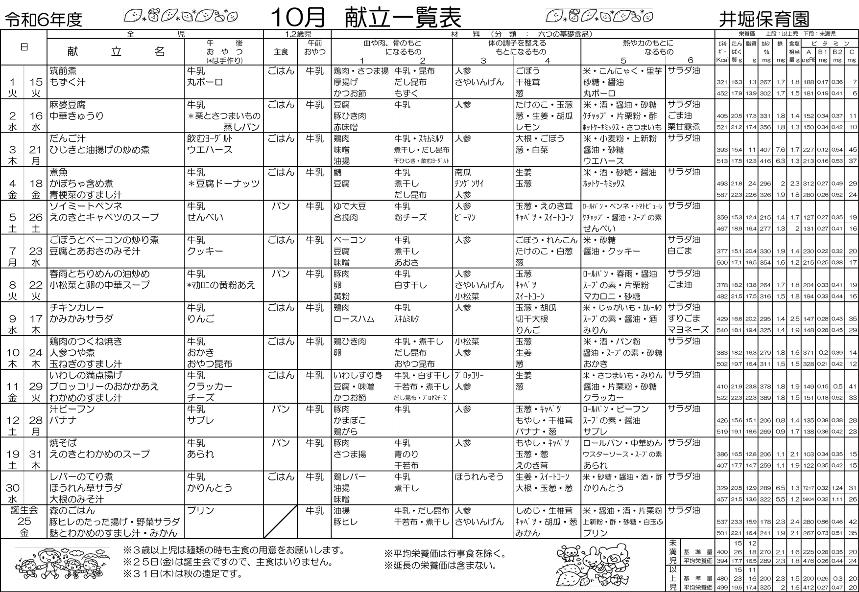 献立表10月号