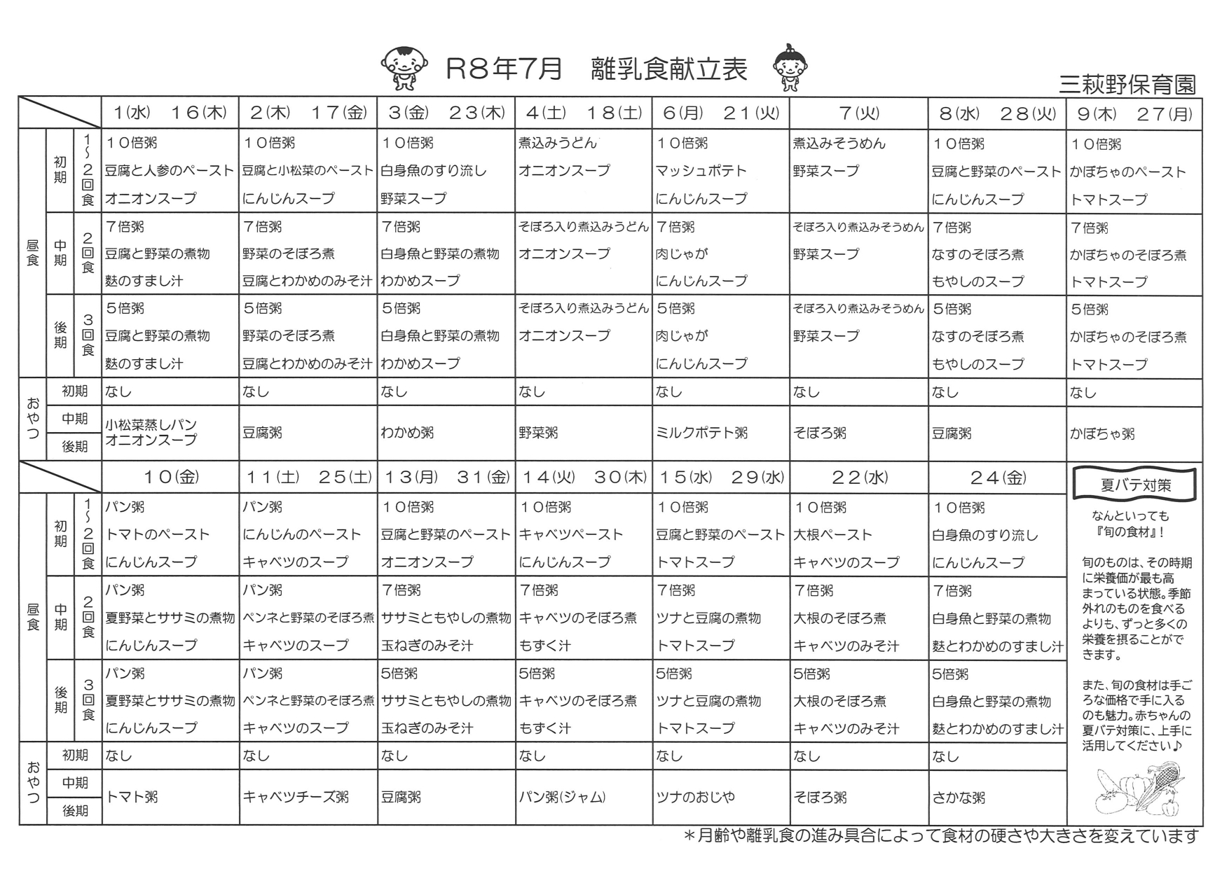 乳児献立表7月号
